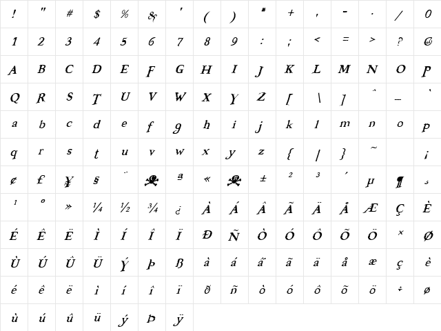 Freebooter Italic Regular  glyph index