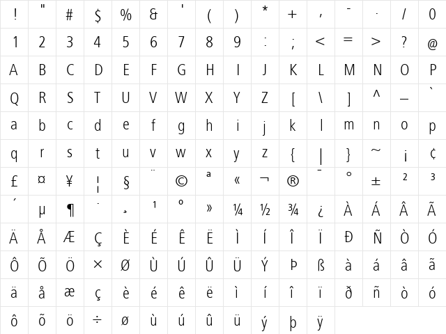 FrutigerNextLT Regular  glyph index