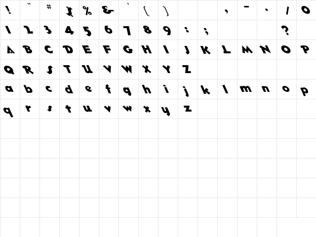 Hotshot Lefty Regular  glyph index