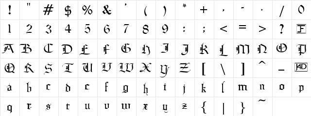 Diamond Gothic Normal  glyph index