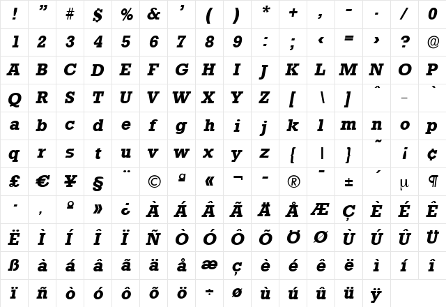 EugeneBecker Bold Italic  glyph index