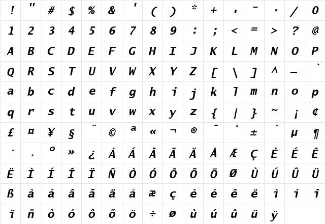 LucidaSansTypeEF BoldObl  glyph index