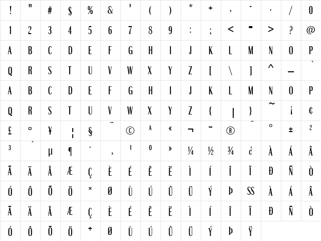 Britannic Compress D Regular  glyph index