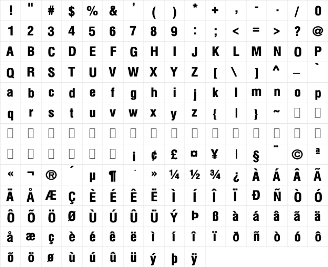 BD Hanover Black Bold  glyph index