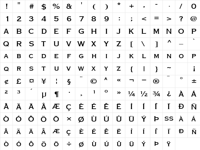 Font Regular  glyph index