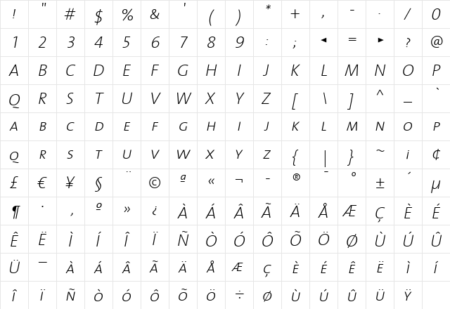 TheSans ExtraLight Italic  glyph index