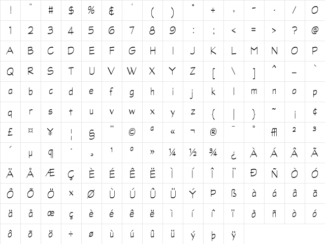 Graphite LightCondensed  glyph index