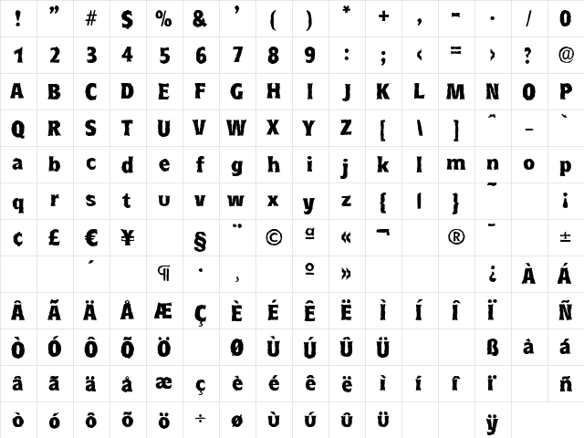 RoundestAntique-Xbold Regular  glyph index