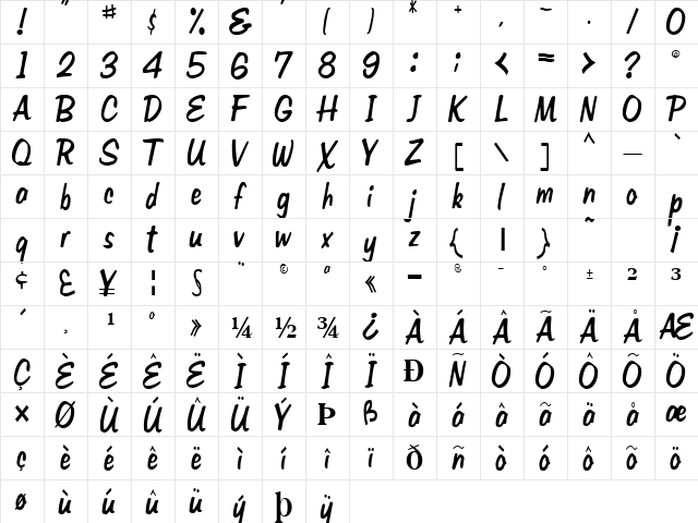 Brush Regular  glyph index