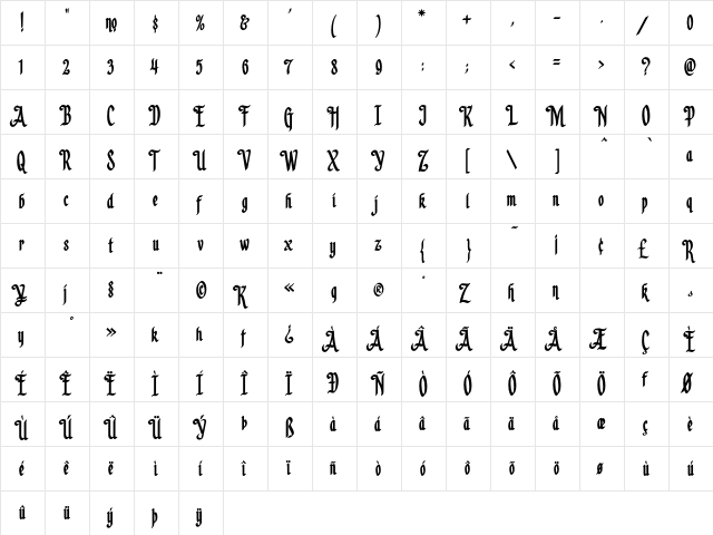 LHF Californian Bold Regular  glyph index