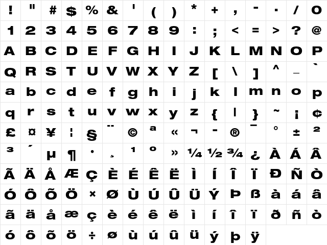 Helvetica Neue 83 Heavy Extended  glyph index