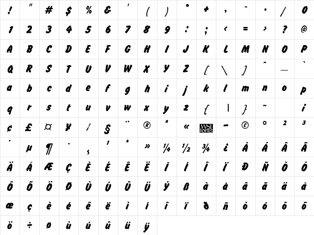 BrushHand Regular  glyph index
