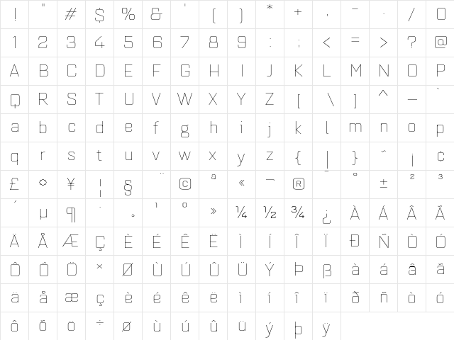 Quarca Ext Thin  glyph index