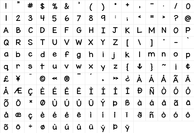 KG Miss Kindy Chunky Regular  glyph index
