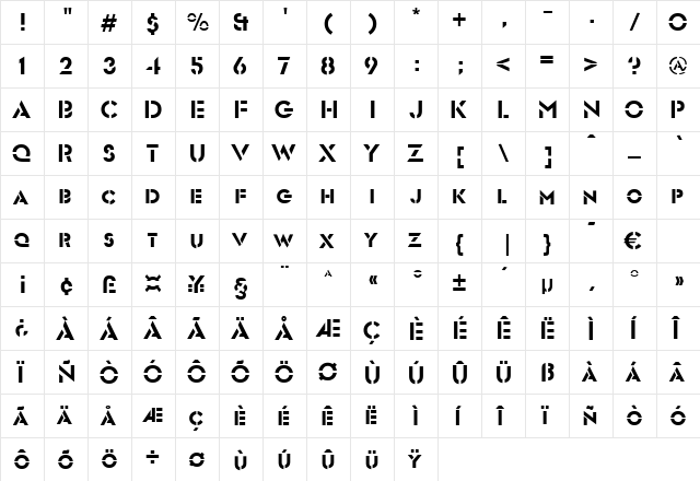 Exponat Regular  glyph index