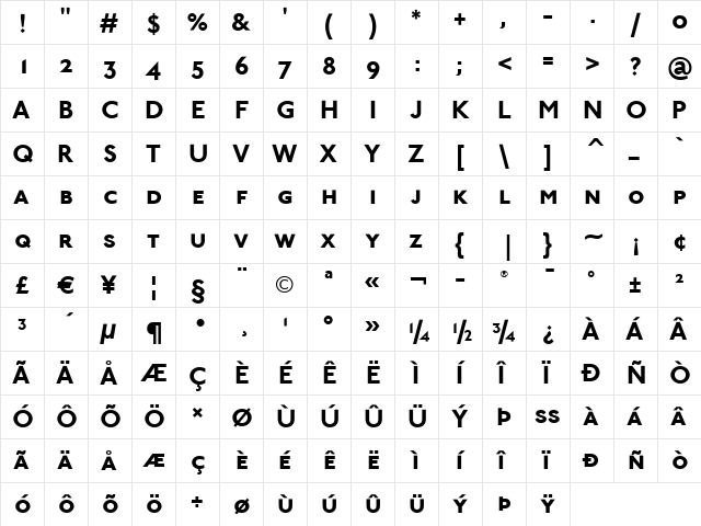 Johnston ITC Bold  glyph index