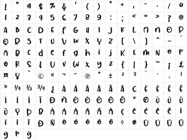 Sweaty Heart Regular  glyph index