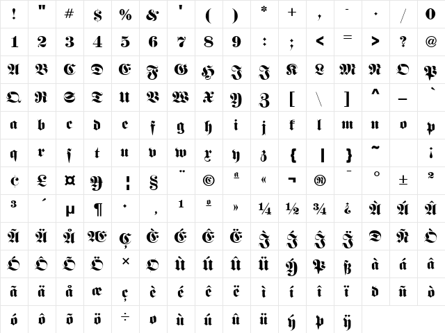 Fette Fraktur Regular  glyph index