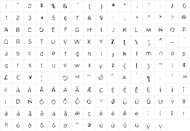 20th Century Gaunt Regular  glyph index