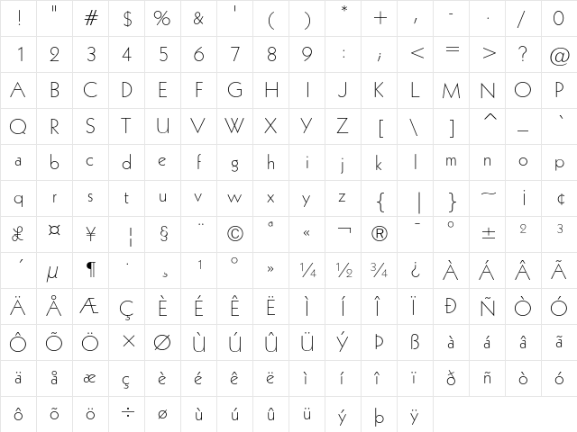 Geometric 231 Light  glyph index