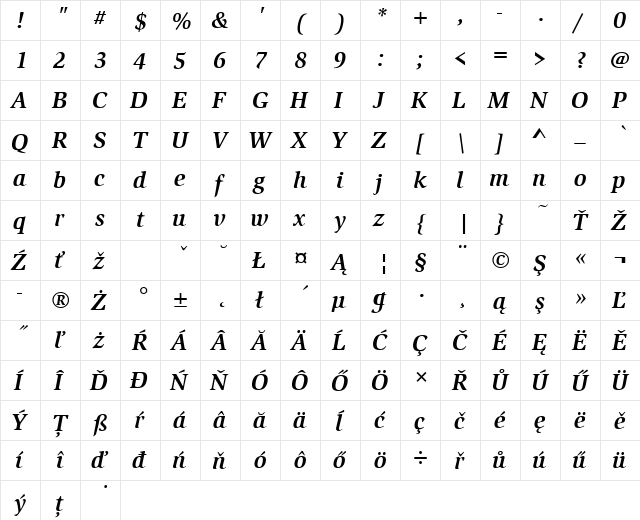 SlimbachItcTEE Bold Italic  glyph index