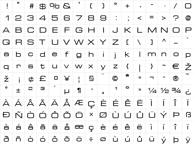 Eurostile LT ExtendedTwo Regular  glyph index