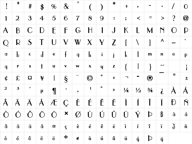 Parisien Bold  glyph index