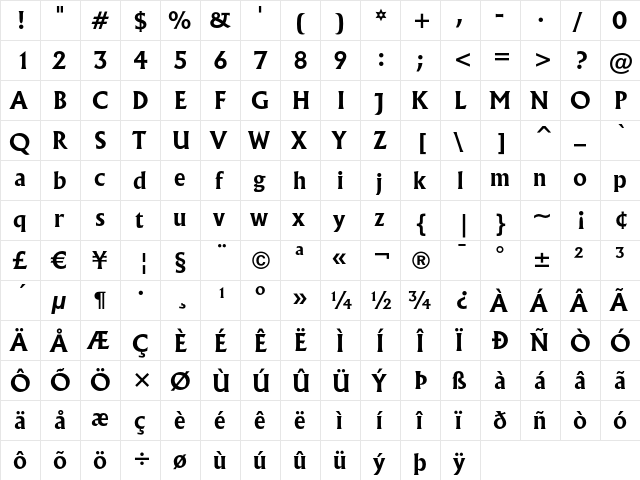 Flareserif 821 Bold  glyph index