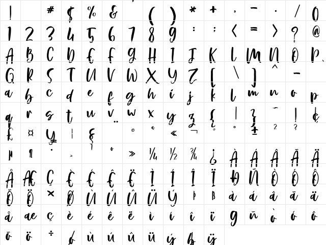 Rosemerry Regular  glyph index