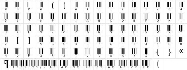 Bar-Code 39 lesbar Regular  glyph index