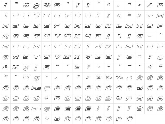 Gunship Outline Italic Outline Italic  glyph index