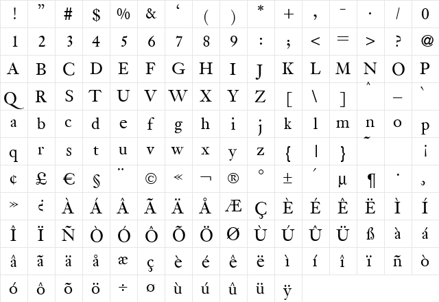 Jacobite Regular  glyph index