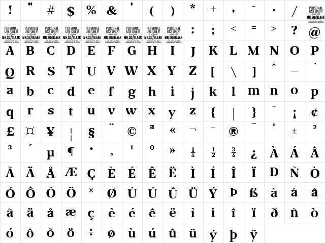 Blaak Bold PERSONAL USE Regular  glyph index