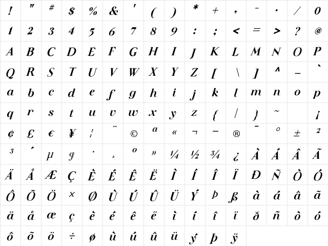 Felina SerifExtra Bold Italic Regular  glyph index