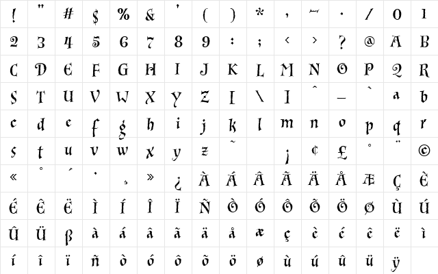 InkPot Regular  glyph index