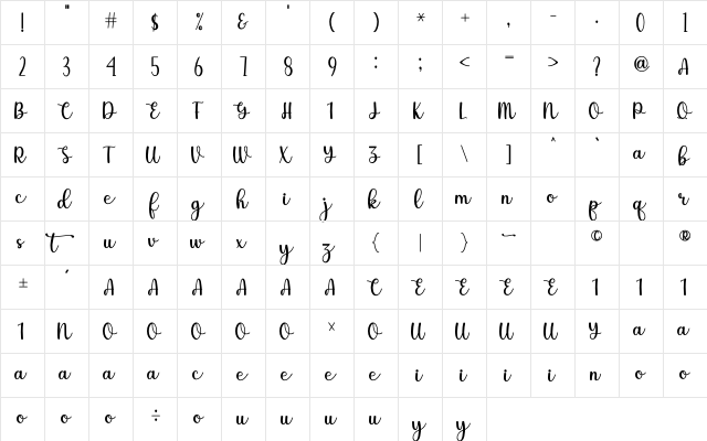 Olivia Regular  glyph index