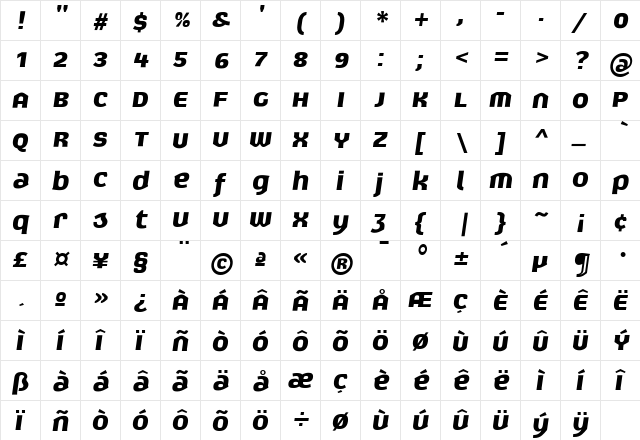 Exert ItalicBold  glyph index