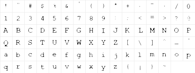 Thinbaby Regular  glyph index