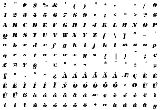 TiffanyMdITC Heavy Italic  glyph index