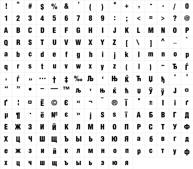 AGLettericaCondL Bold  glyph index