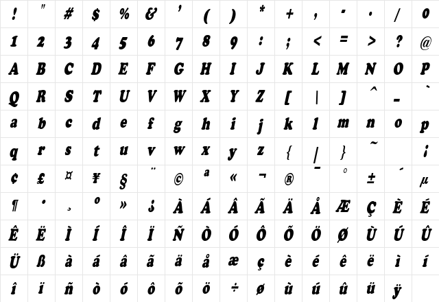 CopperfieldCondensed Italic  glyph index