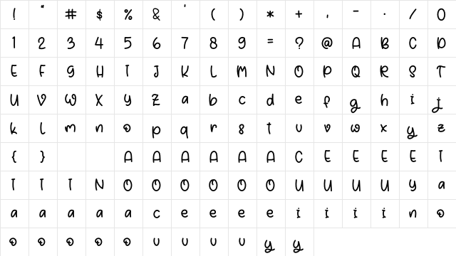 Boyish Regular  glyph index