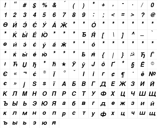 CyrillicSans BoldOblique  glyph index