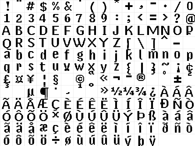 UF Mana-13 Bold  glyph index