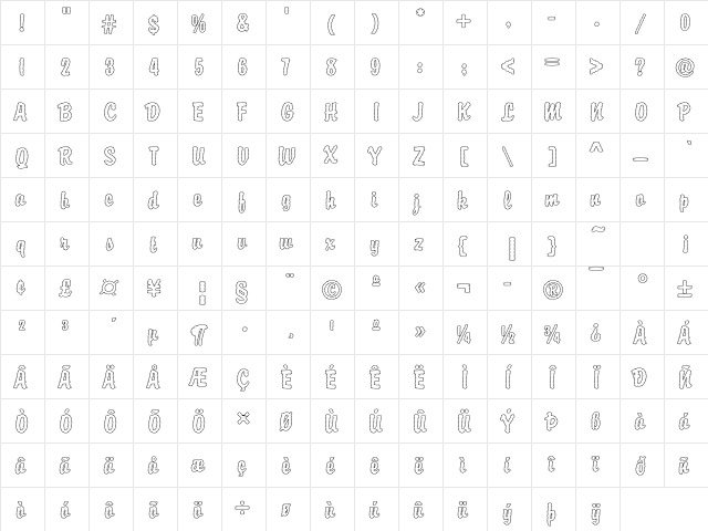 DTCBrodyM39 Regular  glyph index