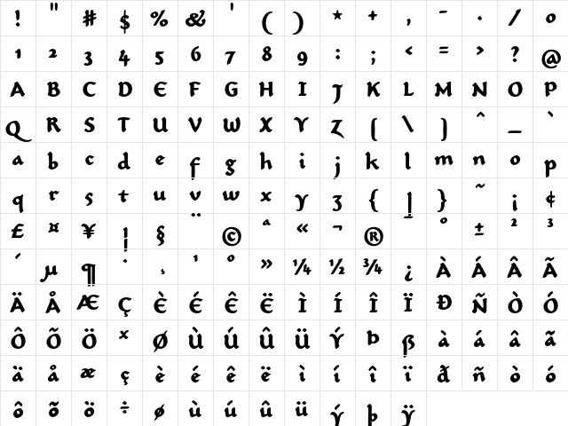 CarlinScript LT Std Regular Bold  glyph index