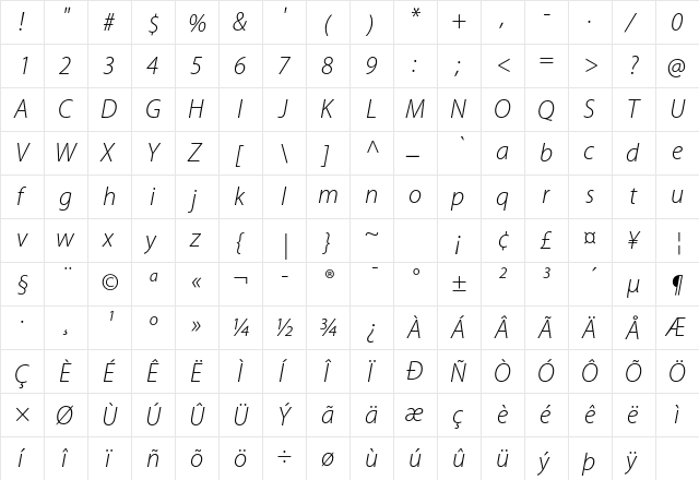 Myriad Pro Light Italic  glyph index