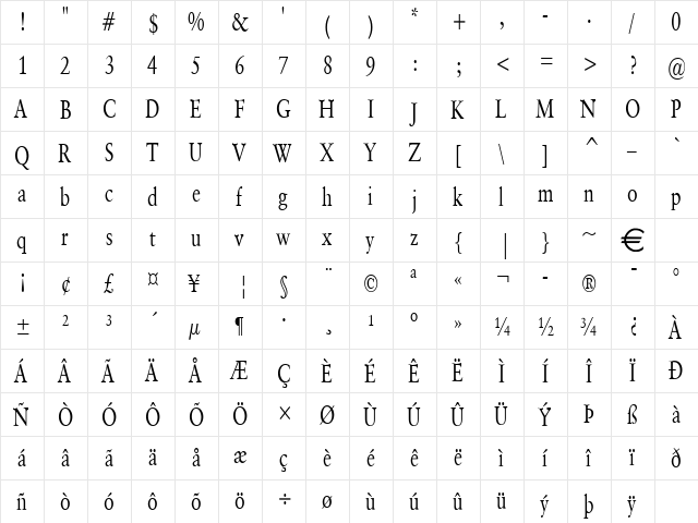 GarrickThin Normal  glyph index