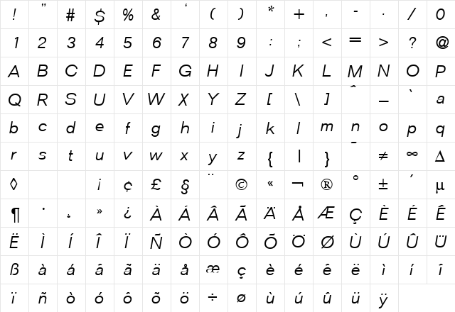 FocusLight RegularItalic  glyph index