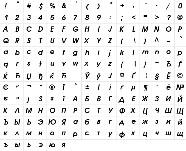 AvantGardeCTT BoldItalic  glyph index